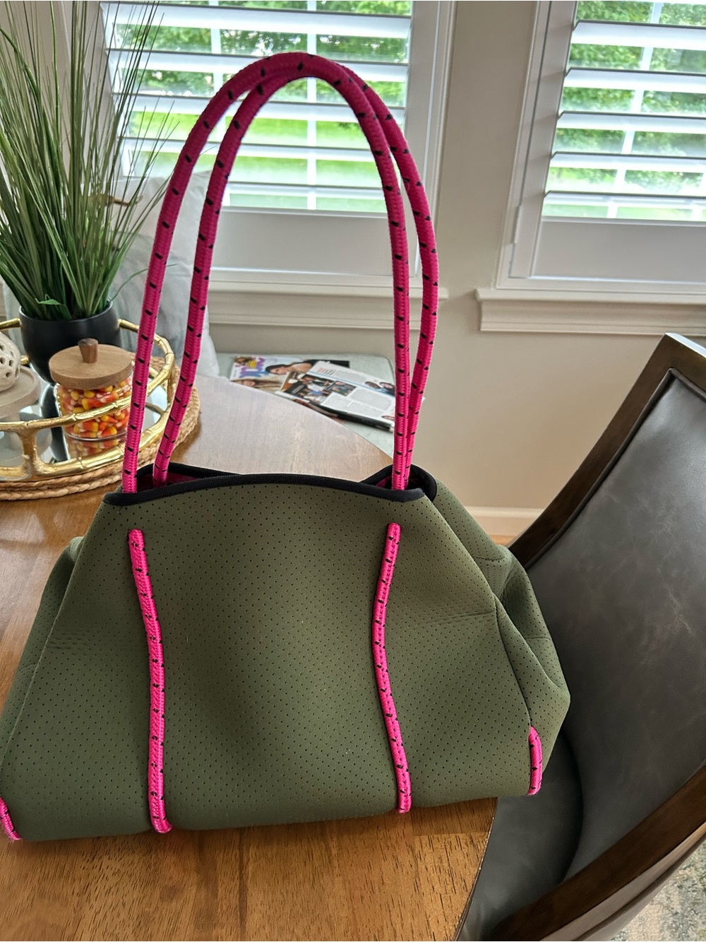 HAUTE SHORE Olive Green Neoprene Tote with Hot Pink Rope Handles
